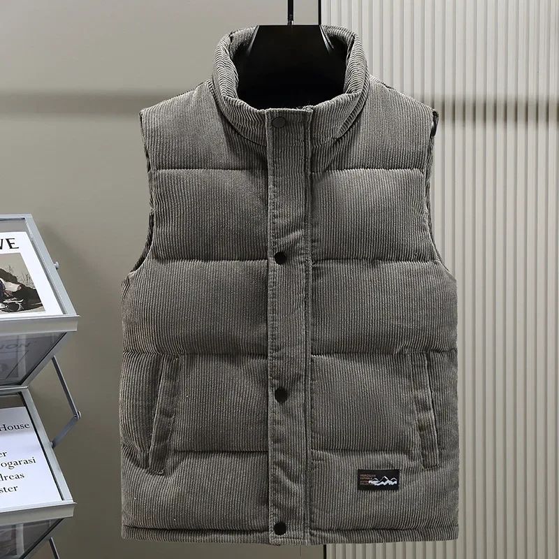 

Padded Vest Men Zipper Winter Thick Warm Corduroy Sleeveless Jacket Male Autumn Casual Waistcoat Golf Work Wear Coat 5XL сірий