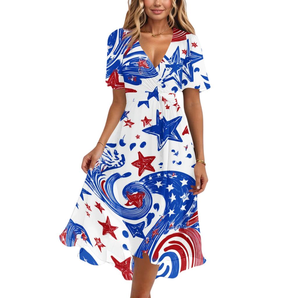 Women's Casual V-Neck Short-Sleeve Independence Day Print Dress