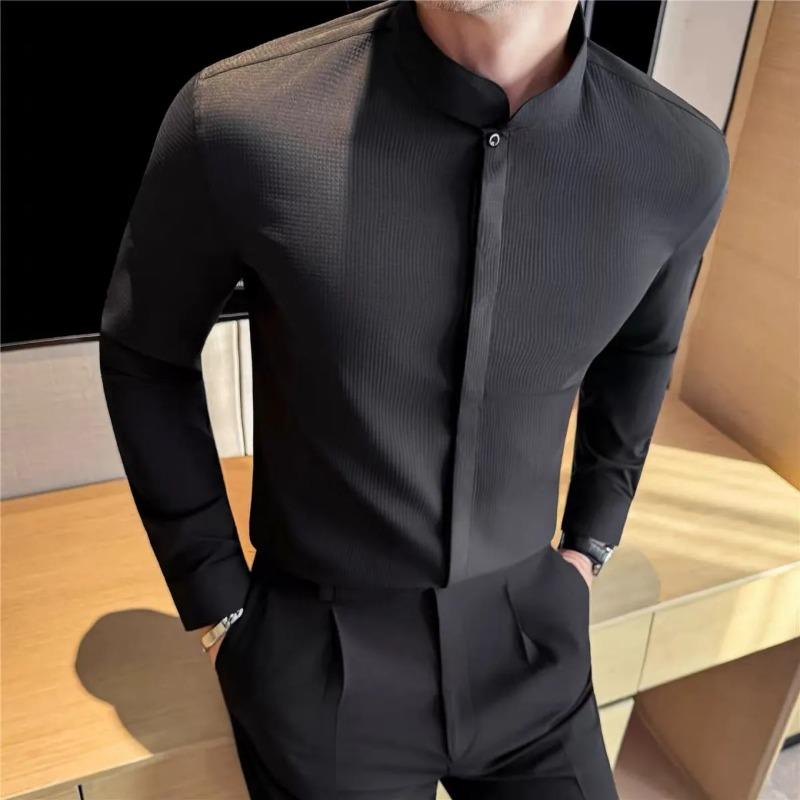 Men's White Mandarin Collar Textured Shirt Slim Fit Casual Business High-end Casual  Tops