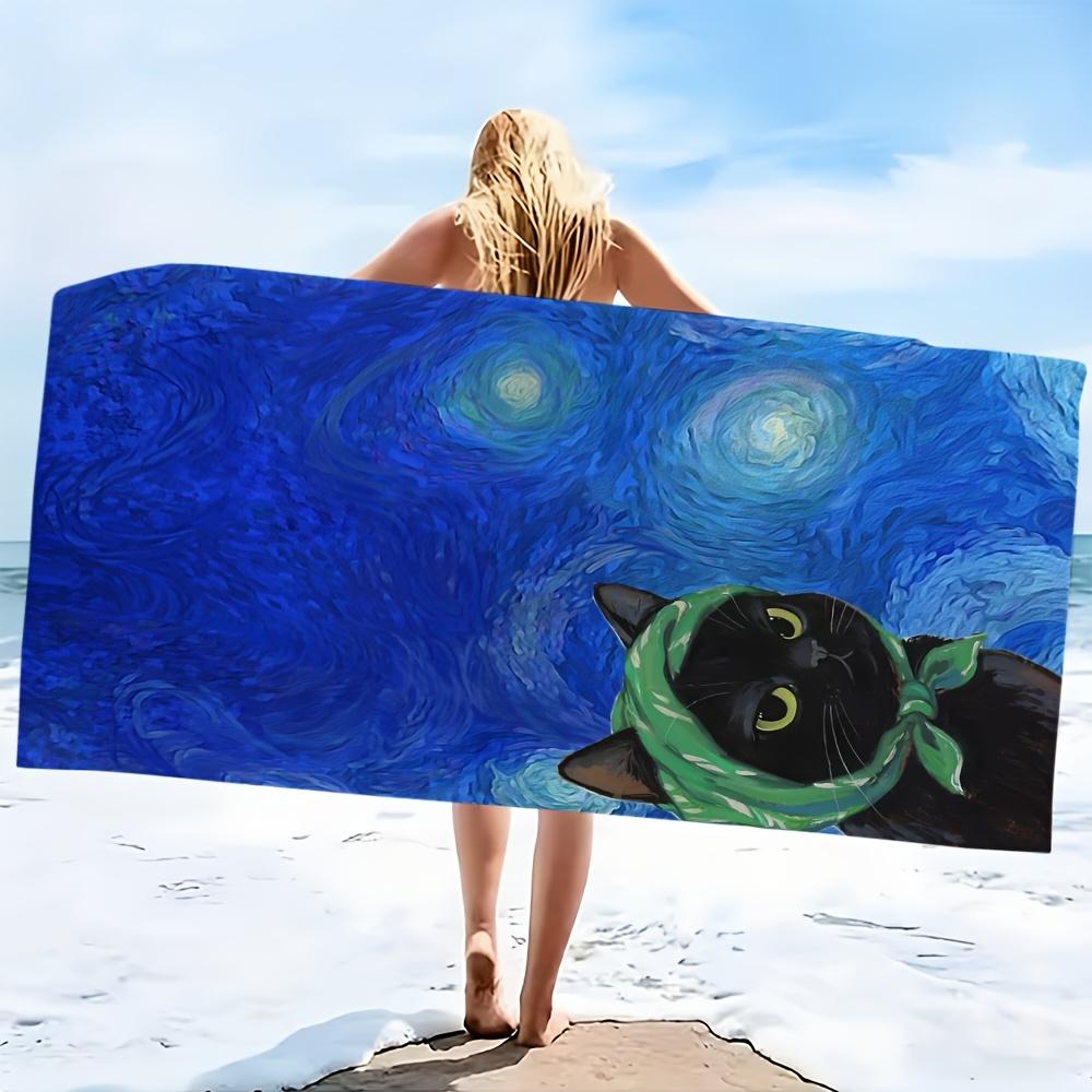 2D Flat, 1pc, Black Cat with Green Scarf in Starry Swirl Beach Towel, Soft and Skin-friendly, Non-shedding,Easy to Clean,Durable