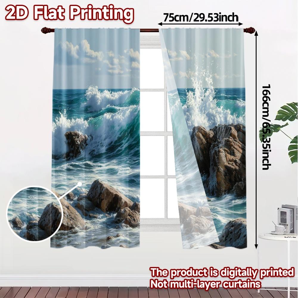 2pcs, 2D FLAT PRINTING Curtains (Without Rod) Ocean Clash Chic Curtains Prints Light Filtering Curtains Room Decor Perfect for