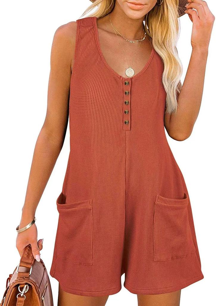 Damen Lässiger Rundhalsausschnitt mit Taschen Ärmelloses Knopfleiste Tanktop Jumpsuit Shorts Strampler