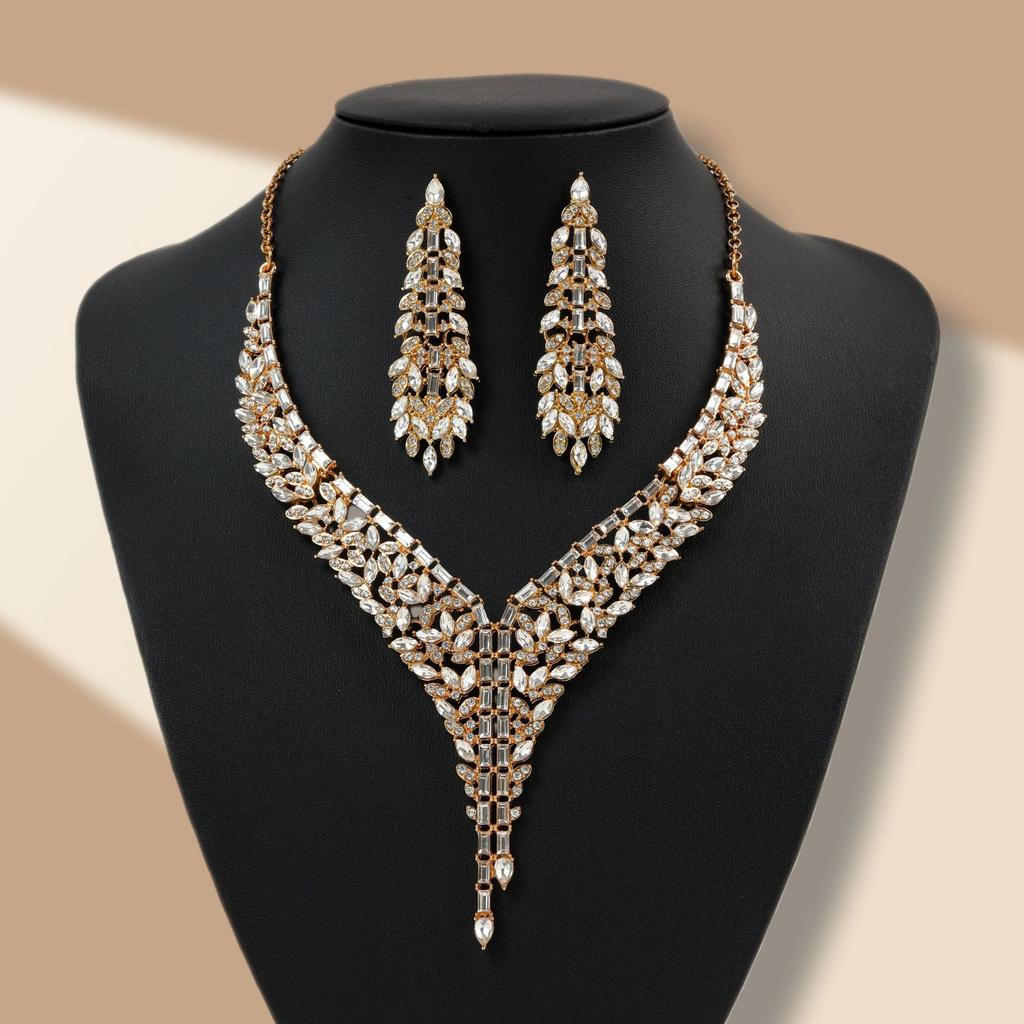 High Wedding Jewelry Full Diamond Bridal Dress Noble Necklace Earrings Jewelry Set