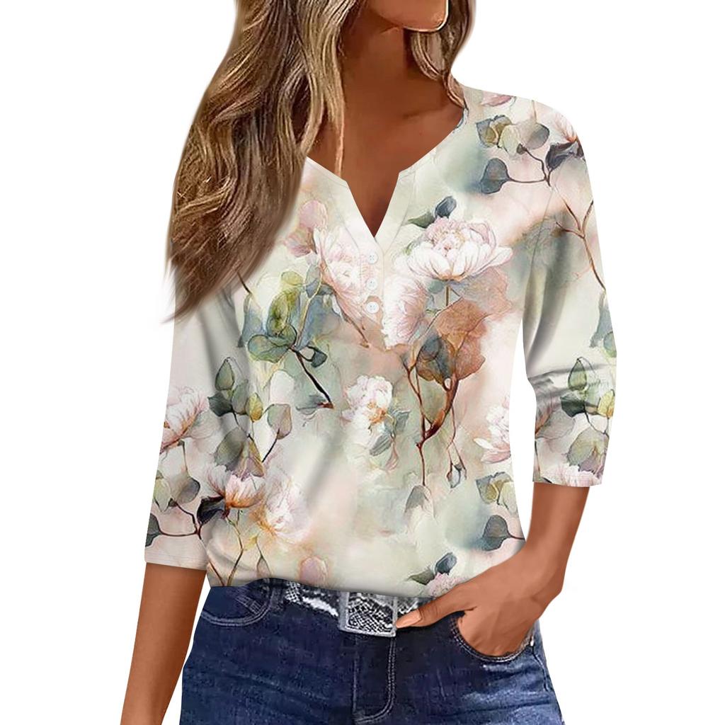Damemote Uformelt blomstertrykk V-hals dekorativ knapp med trekvart ermet T-skjorte