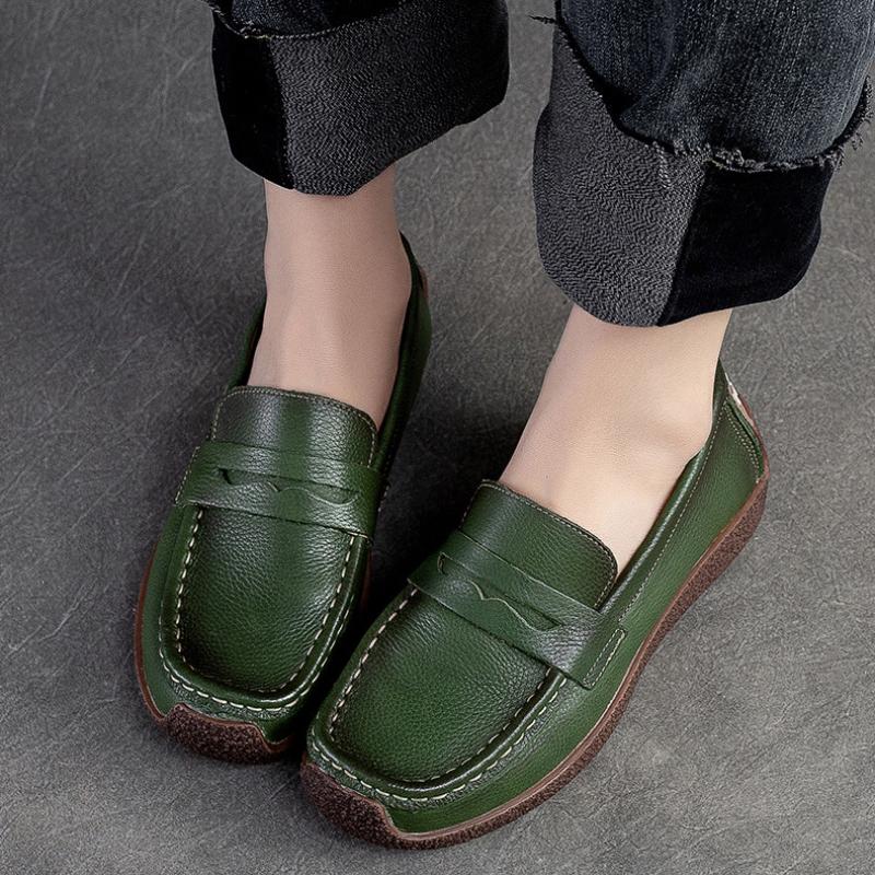 Johnature Retro Women Genuine Leather Flats Shoes Handmade Shallow Soft Sole Casual Round Toe Loafers