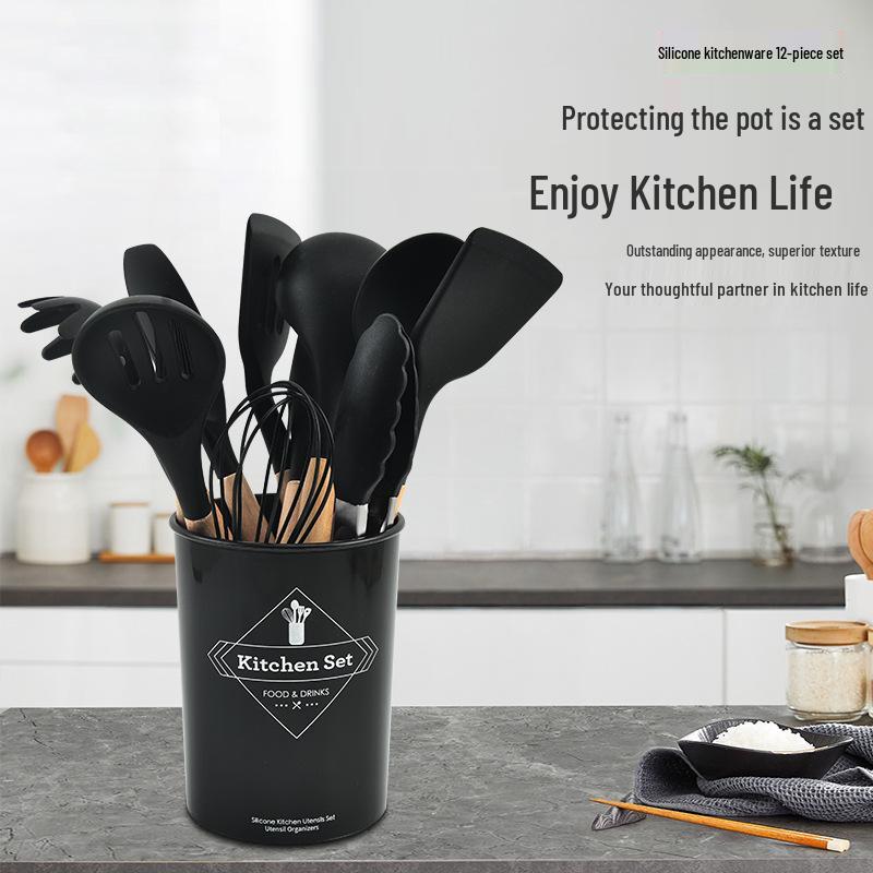 12-Piece Silicone Kitchen Utensil Set with Wooden Handles and Storage Container