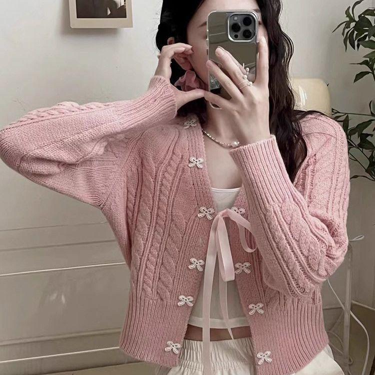 Korean-Style Women's Autumn Knit Cardigan with Tie Design