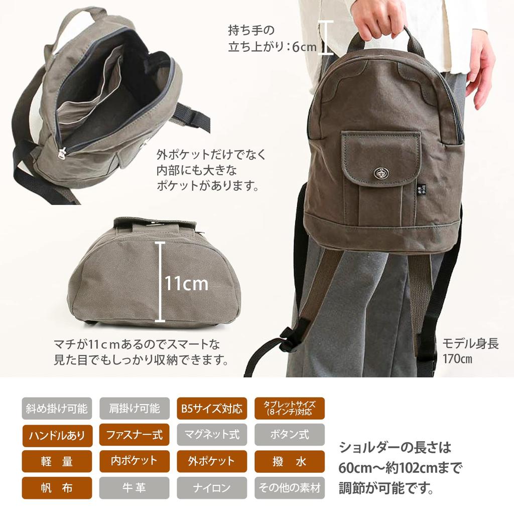 Hinomoto Canvas Mini Backpack Size Water Repellent Made In Handmade Canvas Bag That Can Be Enjoyed Over Time Compact Canvas Backpack Moss Green (B5 /