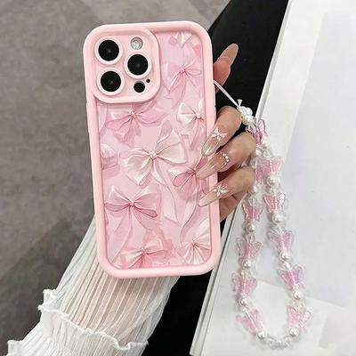 Funda de Silicona Rosa con Diseño de Lazo para iPhone 16 17 Pro Max 15 14 13 12 11 Pro Max 16E X XS XR 7 8 Plus Cubierta con Colgante de Mariposa