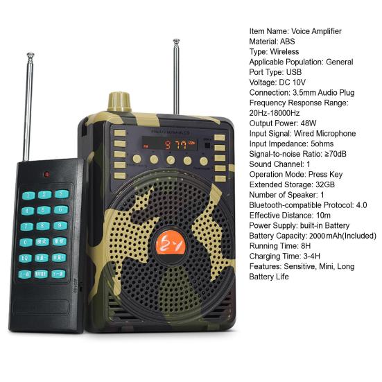 Voice Amplifier High Power HiFi Infrared Remote Controller Camouflage Bluetooth-compatible Electric Hunting Speaker for Teaching