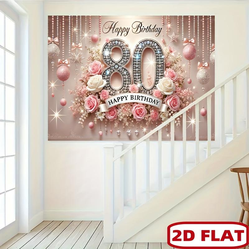 2D flat 2D flat banner 1 piece of a magnificent 80th birthday party banner - featuring a pink and white floral design