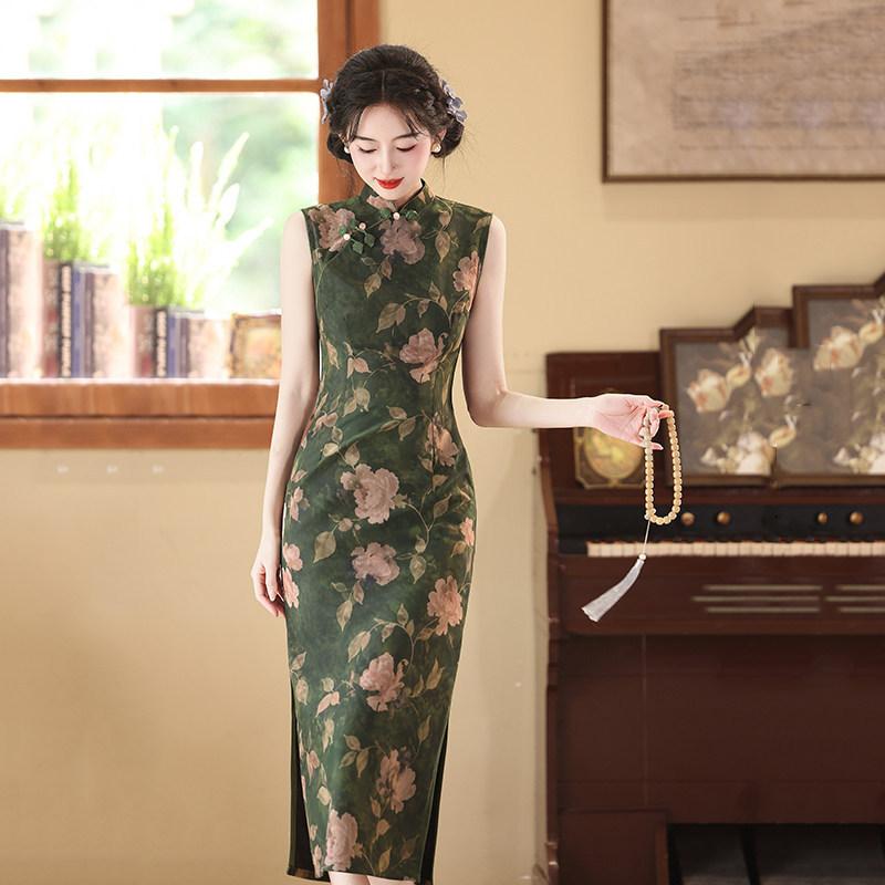 Green sleeveless national style new Chinese daily Suzhou long cheongsam improved young 1011 new women's high sense