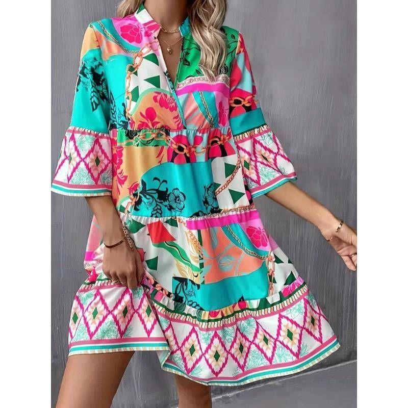 Fall Fashion New Arrival Fashion V Neck Chain Irregular Pattern Print Ruffles Hem Bell Sleeve Dress Dress