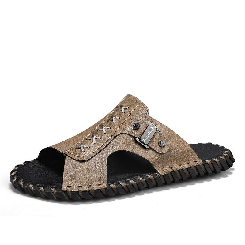 

Летние сандалии с открытым носком 2025 года 48 большого размера из коровьей кожи повседневная мужская обувь закрывает ноги легкие шлепанцы на один ремешок быстросохнущие ретро тренд 48 хаки