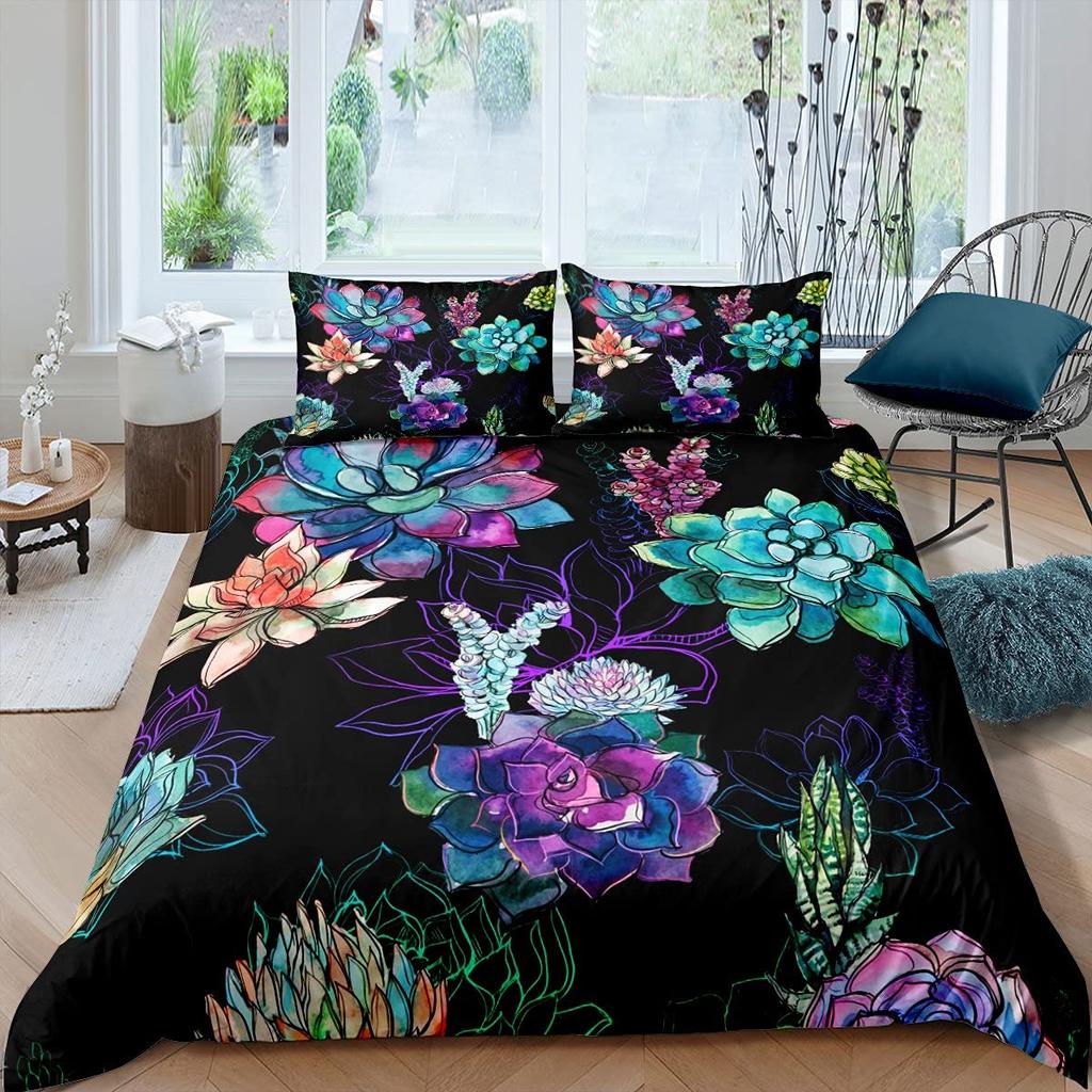 Succulents Duvet Cover Set Green Plant Tropical Botanical Bedding Set Watercolor Painting Stylish Nature Theme Twin Quilt Cover