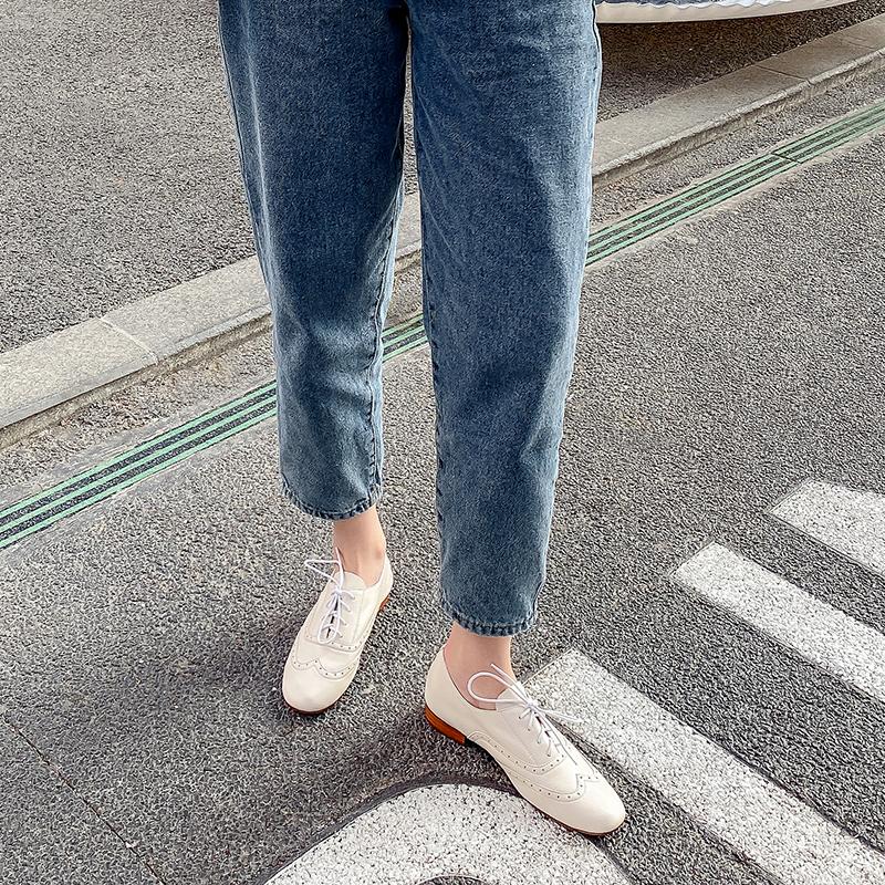 Fashion 2024 New Women Shoes Genuine Leather Block Flats Loafers Round Toe Lace-up Footwear Ladies Shoes for Women Retro Oxford Shoes