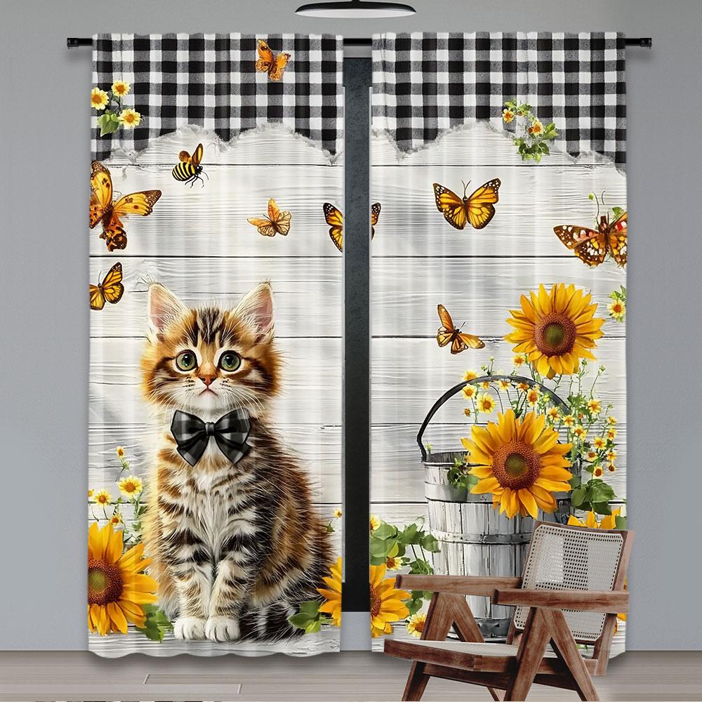 2 Stück Niedliche Landkatze Sonnenblumen Vorhänge Rustikale Holz Bedruckte Vorhänge Geeignet für Schlafzimmer Badezimmer Wohnzimmer Esszimmer