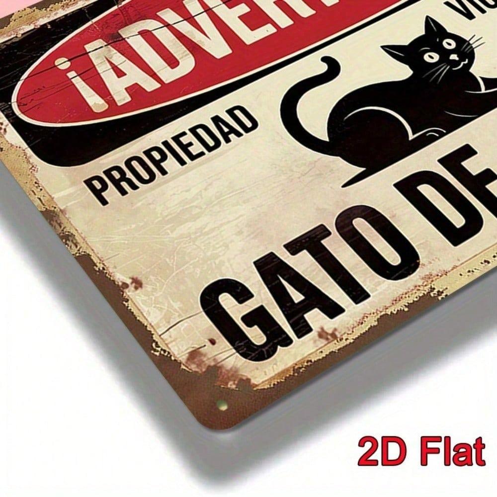Vintage Spanish Warning Attack Cat Metal Sign, Funny Beware Violent Cat Plaque, Rustic Iron Wall Art for Office Cafe