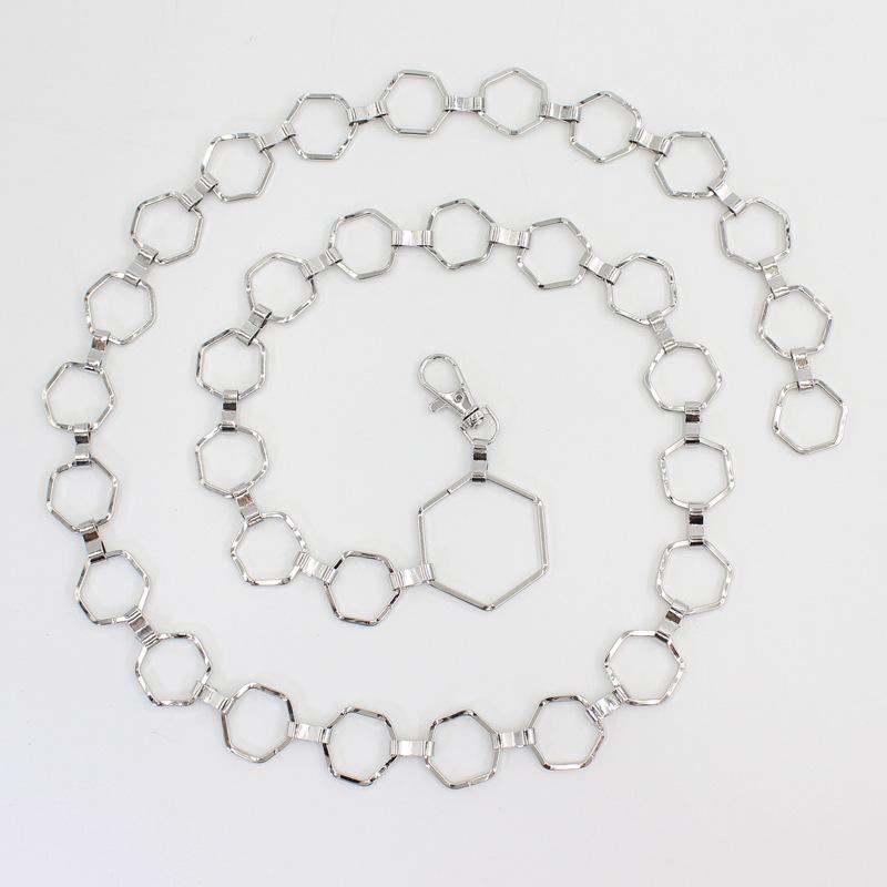 

Регулировка крючка Индивидуальность Шестиугольная металлическая поясная цепочка Женский декоративный ремень для платья серебряный