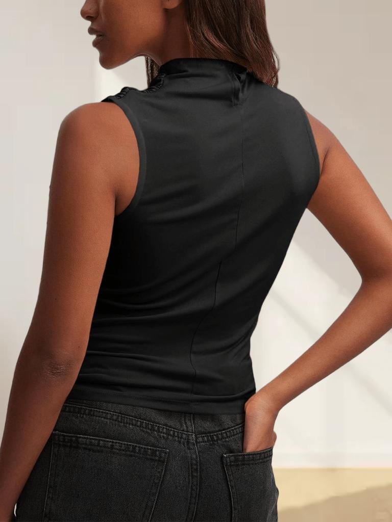 Women's Mock Neck Sleeveless Tank Top Slim Fitted Ruched Draped Top
