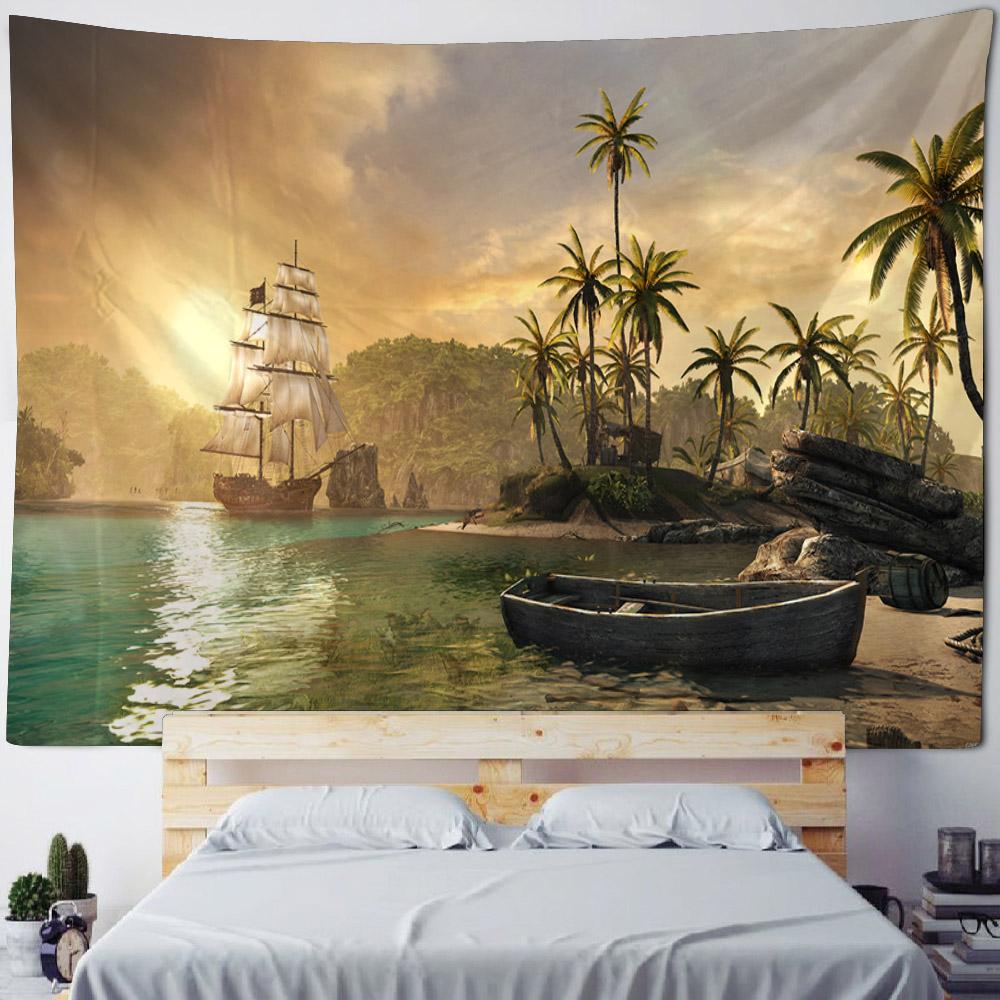 Coconut Tree Sunrise Tapestry Retro Sea View Oil Painting Art Wall Hanging Home Decoration Hippie Wall Background Poster