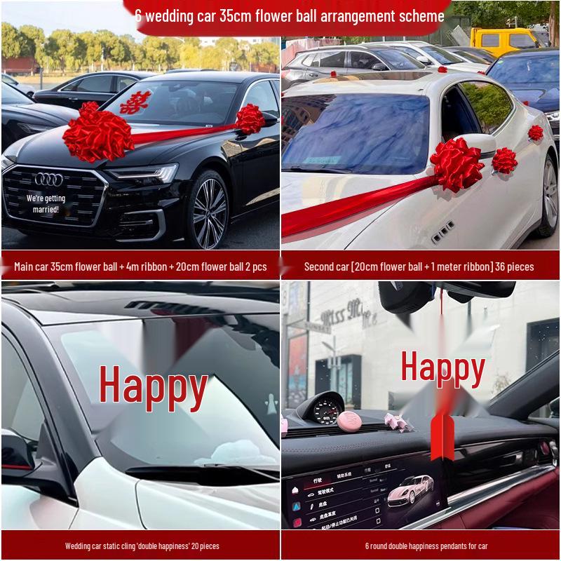 Complete Wedding Car Decoration Set: Escort Car Hood Flowers, Welcome Garland, Double Happiness Arrangement for a Festive Display