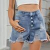 Dámský módní trend Jednobarevné kapsy s třepením a dírami Džínové ležérní šortky