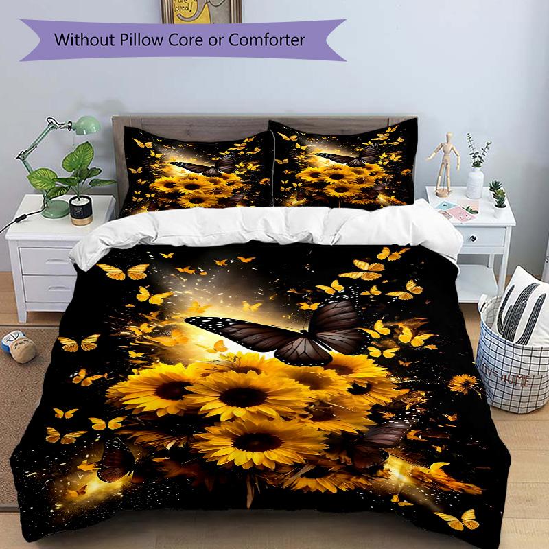 Butterflies Sunflowers Print 3Pcs Bedding Setduvet Cover With 2 Bedropillowcase Home Birthday Gift
