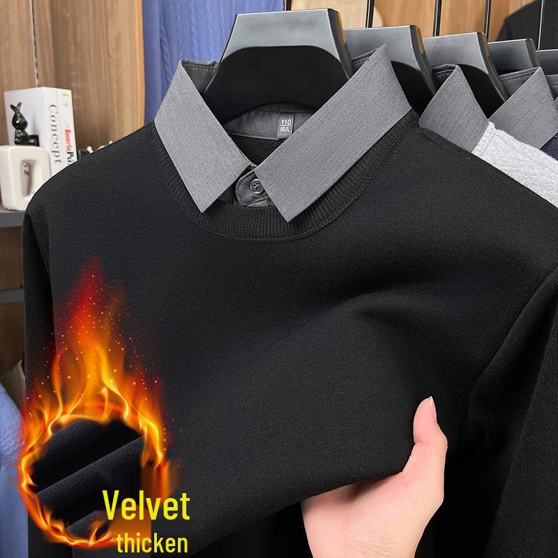 Men's Two-in-One Fleece-Lined Knit Sweater with Shirt Collar for Autumn/Winter