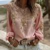 Women Tops Round Neck Long Sleeve 3D Digital Flower Printing Tee Shirt Retro