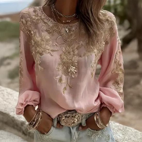 Women Tops Round Neck Long Sleeve 3D Digital Flower Printing Tee Shirt Retro
