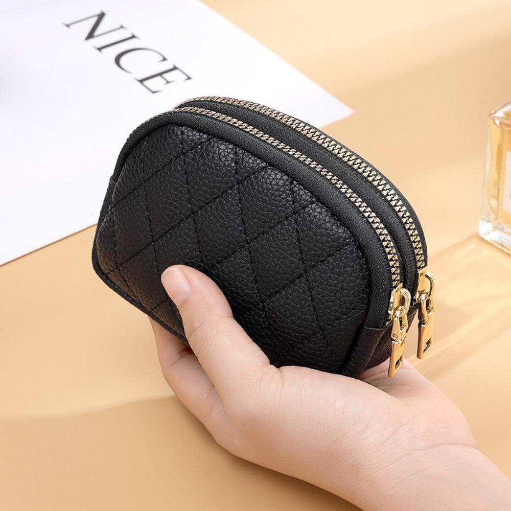 New Double Layer Coin Purse Zipper Multifunctional Key Bag Portable PU Small Handbag чёрный