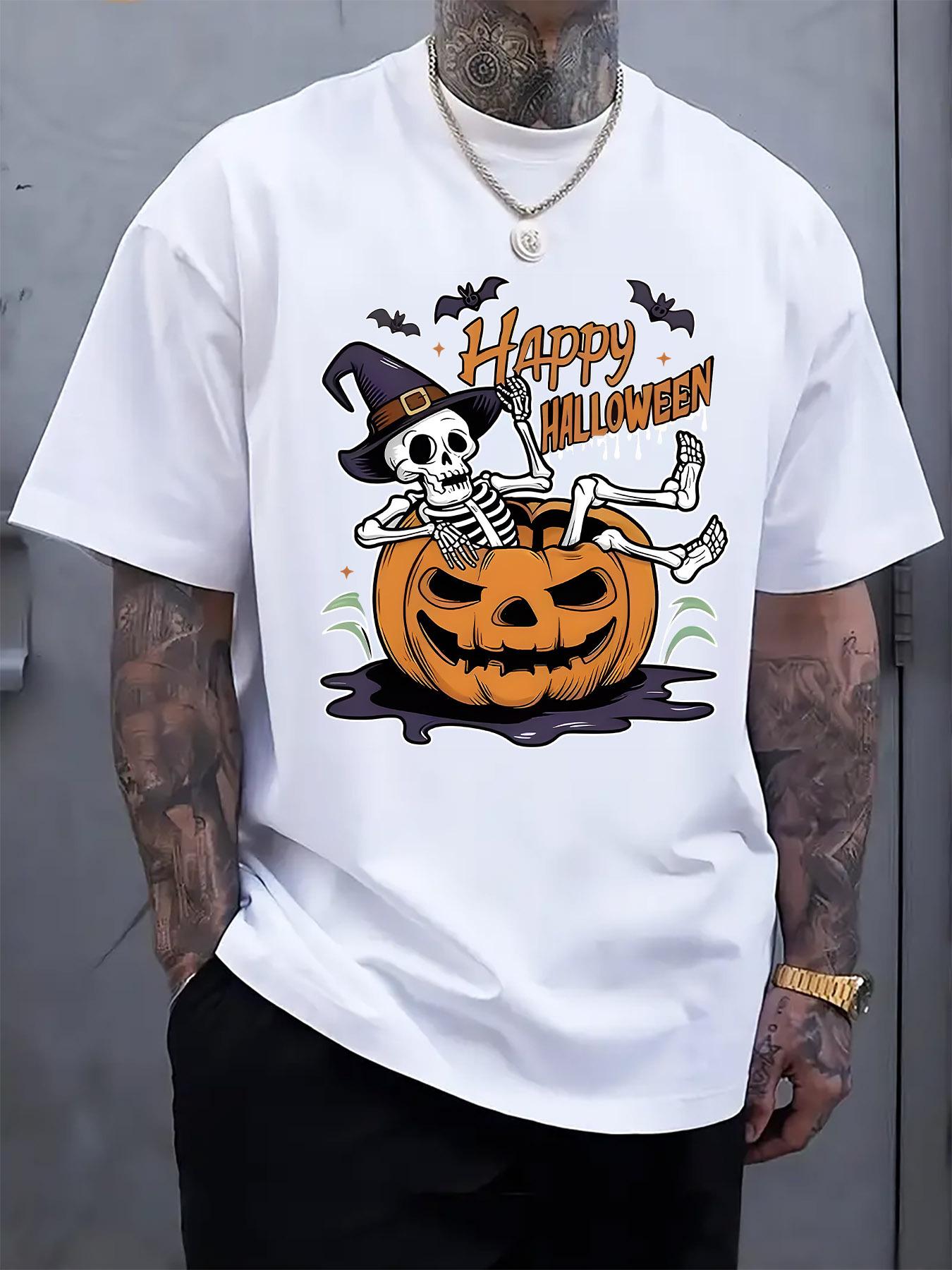 

Halloween Graphic T-shirt - Black Short Sleeve Crewneck with Happy Halloween Skeleton & Pumpkin Design S
