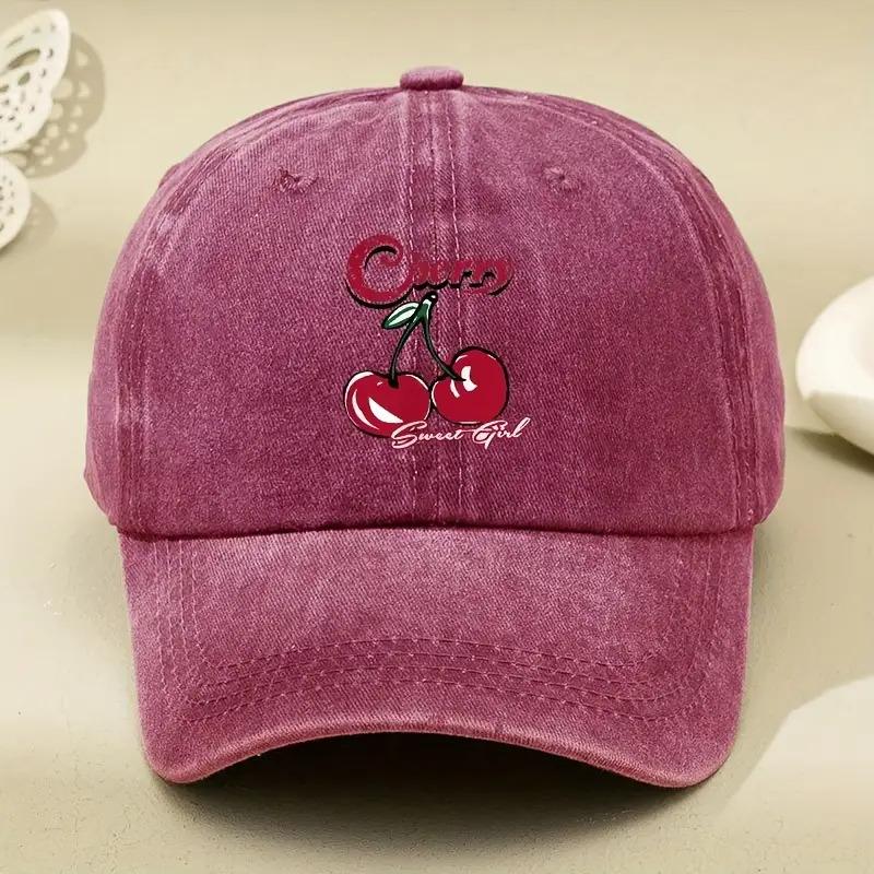 Cherry Sweet Girl Washed Baseball Cap Retro Distressed Print Adjustable Unisex Casual Sports Cap