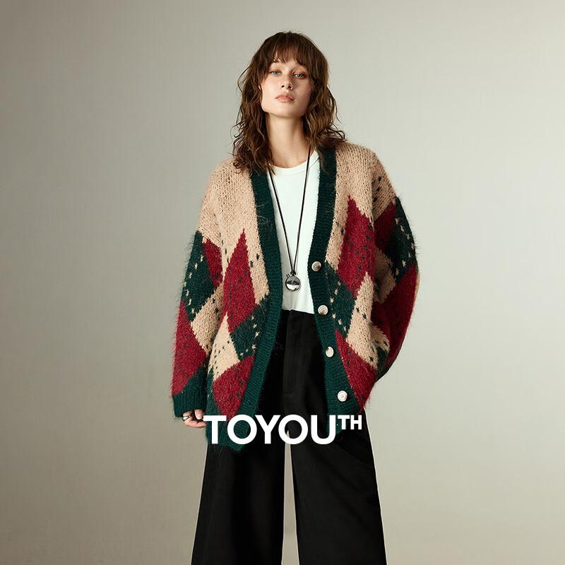 Chuyu Damen Strickjacke mit V-Ausschnitt und nordischem Farbblockmuster aus Wollmischung