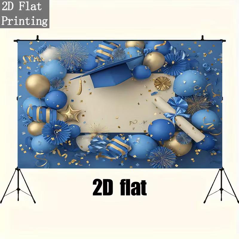 2D Graduation Backdrop Blue Gold Cap Diploma Balloon Confetti Blank Custom Photo Banner