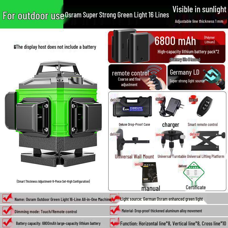 Precision 16-Line Green & Blue Laser Level with Infrared Projection