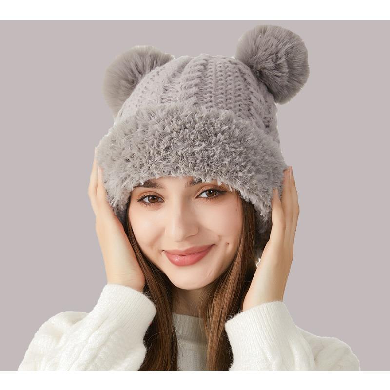 Girls' cute wool ball knitting hat in winter retro thick needle Fried Dough Twists plush edge splicing ear protection wool hat