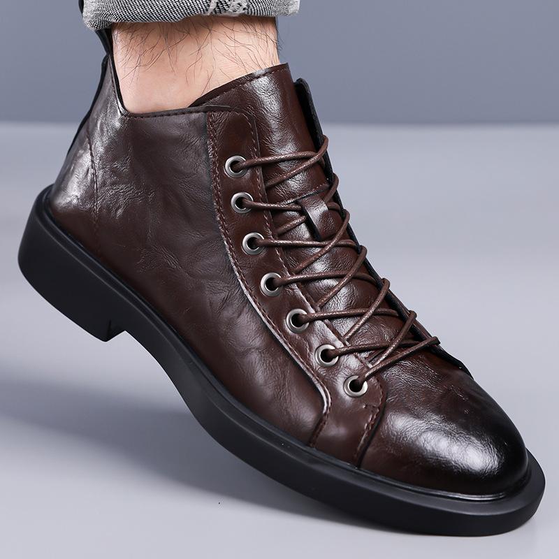 Men Leather Ankle Boots Lace Up Thick Sole Non Slip Casual Daily Fashion High Top Shoes