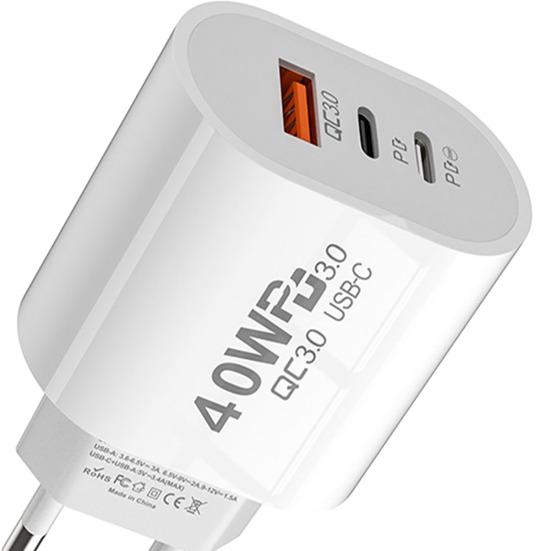 Travel Charger Adapter 40W Dual PD Type-C/USB Ports Multi-protection EU Plug Compact Reliable Charger Head