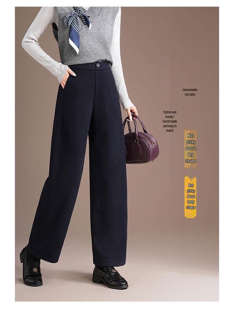 Brand Wool Women's High-Quality Casual High Waist Straight Leg Pants - Simple Luxurious Slimming Drape Design