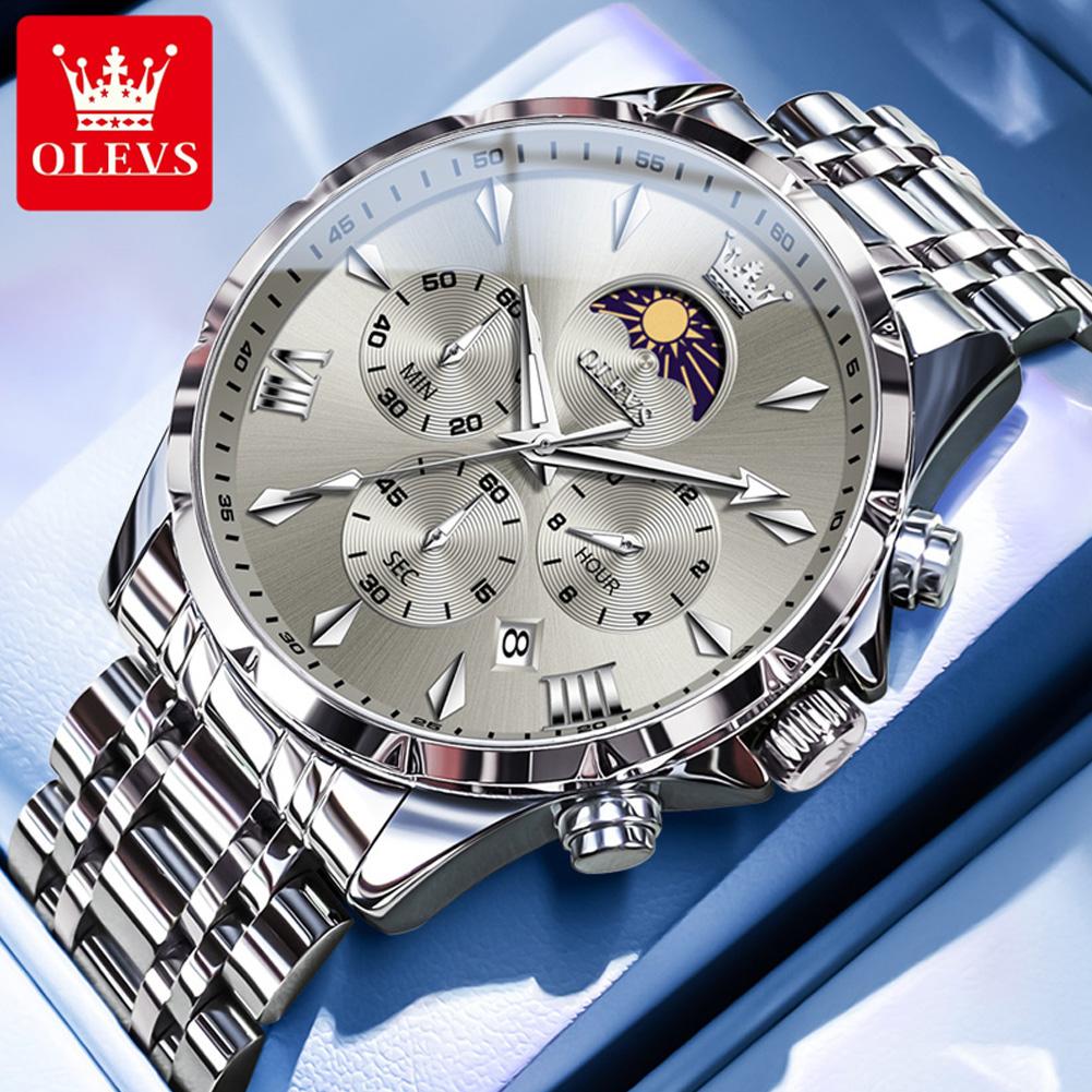 OLEVS Original Chronograph Quartz Watch For Men Moon Phase Stainless Steel Waterproof Man Watch Date Fashion Wrist Watch