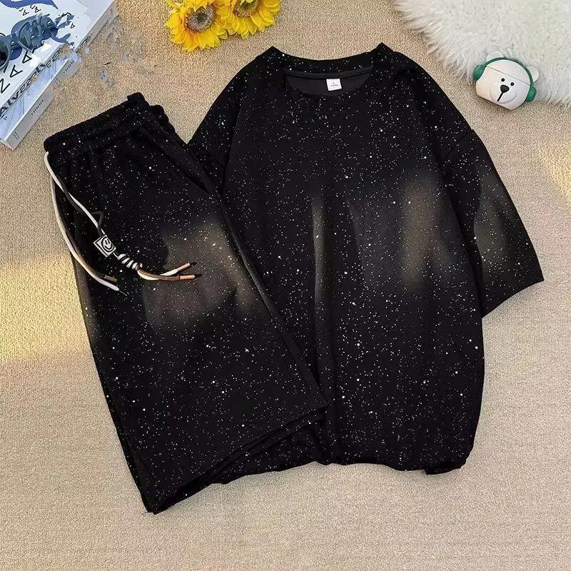 

Мужской летний набор «Звездное небо»: Комплект из двух предметов: топ с коротким рукавом + шорты, свободный крой XS чёрный