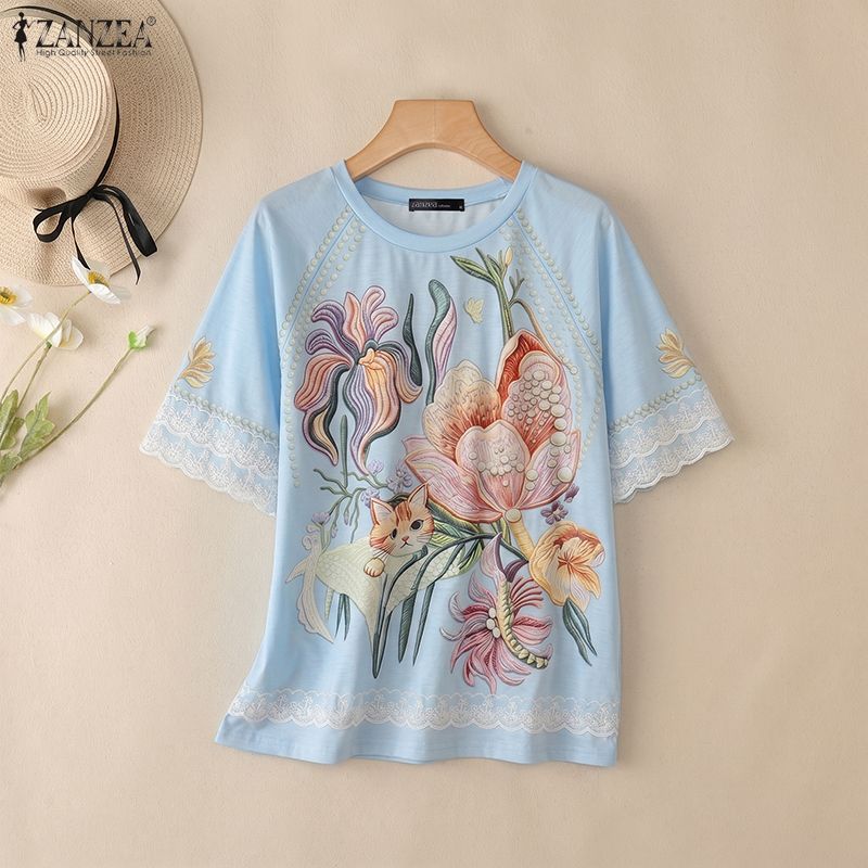 ZANZEA Women Casual Round Neck Floral Print Loose Lace Splice Short Sleeve Blouse