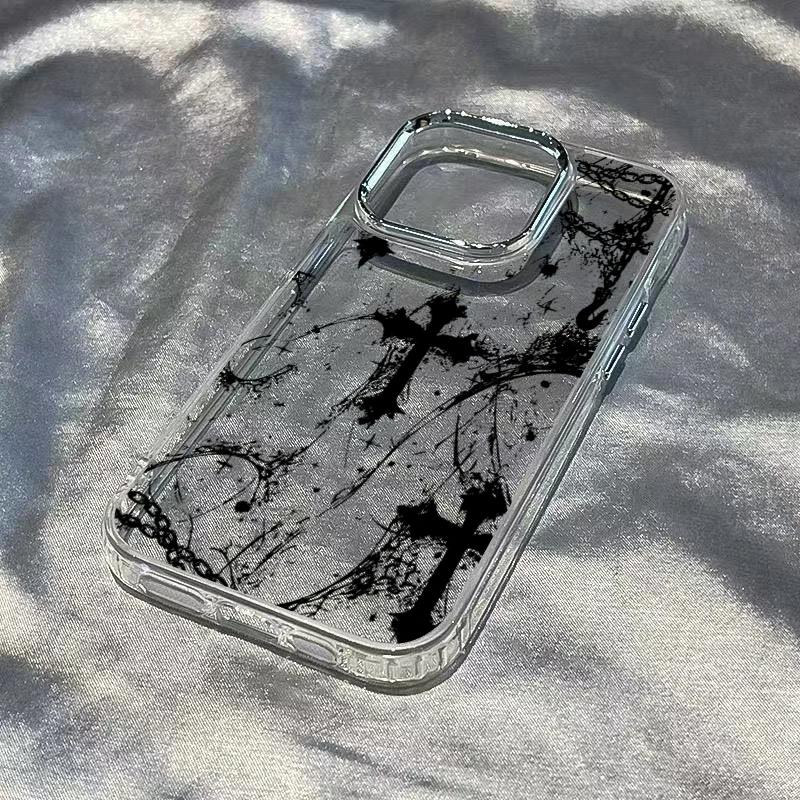 The Dark Cross Electroplated Lens Frame Clear Phone Case for iPhone 17 Air 16 15 14 13 12 11 Pro Max XS Max X TPU Soft Cover