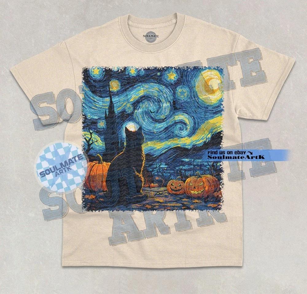 Starry Night Cat T-Shirt Funny Painting Cute Cat Lover Graphic Unisex Shirt 4XL