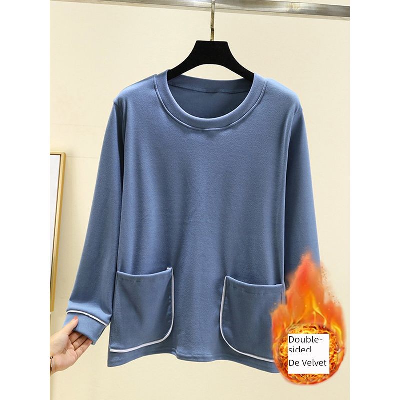 round Neck Dralon Warm Long Sleeve T-shirt Winter Thickened Casual Bottoming Shirt Double-Sided Brushed Plus Size Homewear Tops