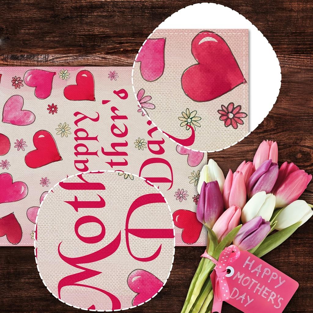 1pcs Happy Mother's Day Pink Tulip Love Heart Polyester Table Runner Spring Flowers Leaves Table Runners Dining Table Decoration