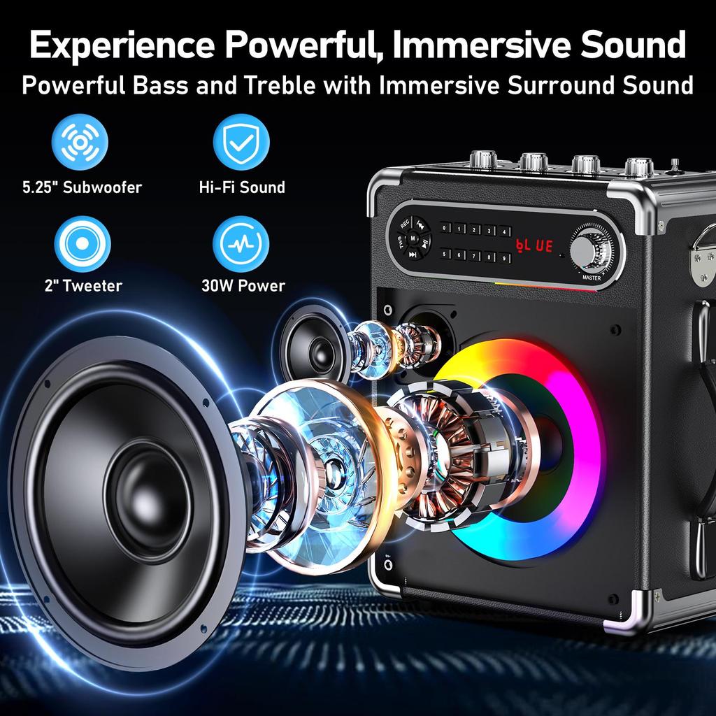 Karaoke-Maschine mit zwei drahtlosen Mikrofonen, tragbarer Bluetooth-Lautsprecher mit Bass-/Höhenregelung, PA-System mit Fernbedienung