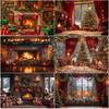 Christmas Winter Background Vintage Fireplace Party Decoration Children's Photo Studio Supplies Xmas Tree Lanterns Snowy Scenery